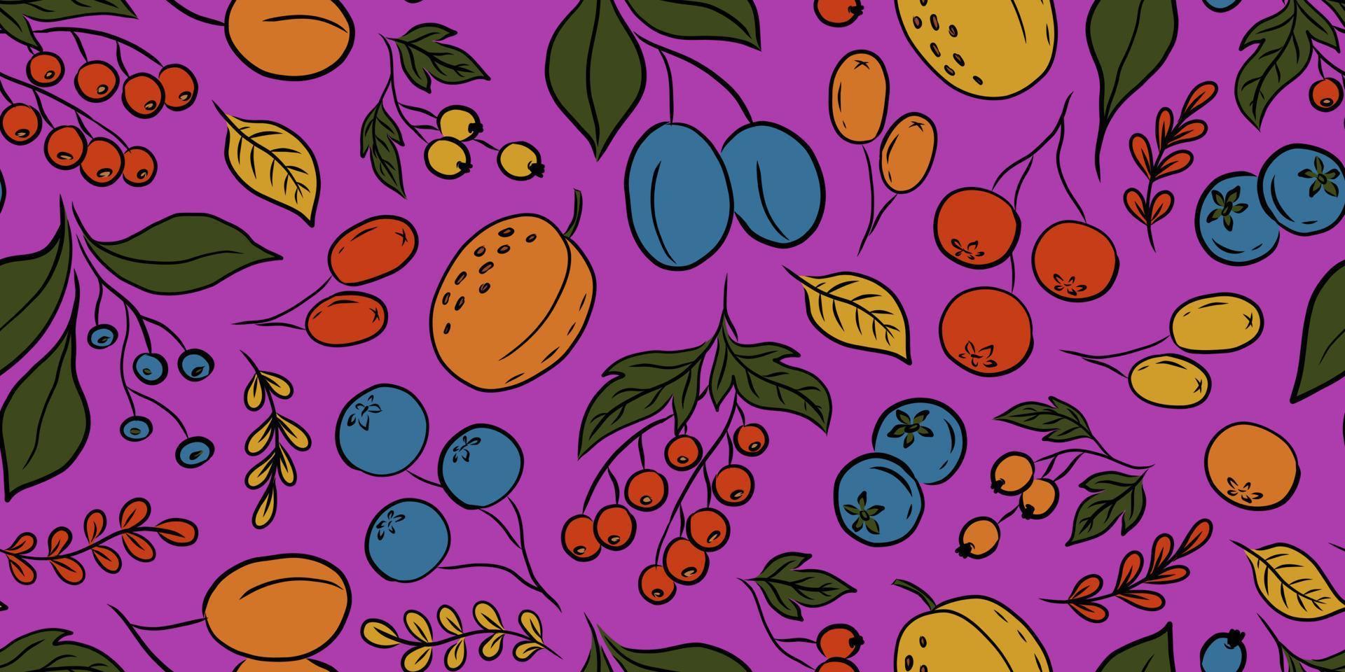 modèle sans couture de vecteur lilas avec des fruits et des baies colorés