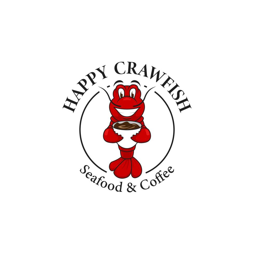 écrevisses heureuses avec mascotte de logo de café, illustration de homard d'écrevisses rouges sourit tenir tasse, logo de fruits de mer et de café vecteur