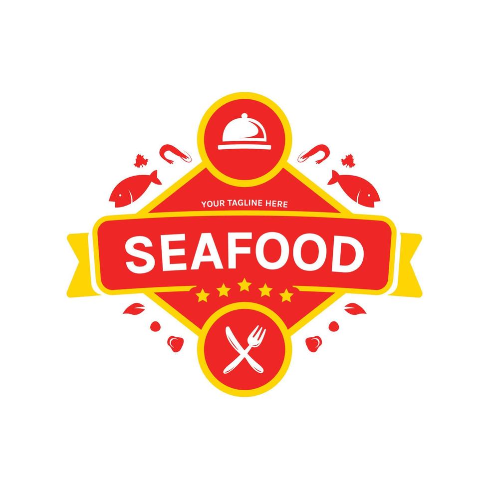 insigne d'icône de logo gastronomique de restaurant de fruits de mer avec fourchette à couteau et illustration de couverture de plat cloche vecteur