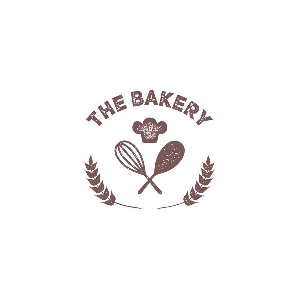 le logo de l'emblème de l'insigne vintage de la boulangerie avec icône remuer et chapeau de chef vecteur