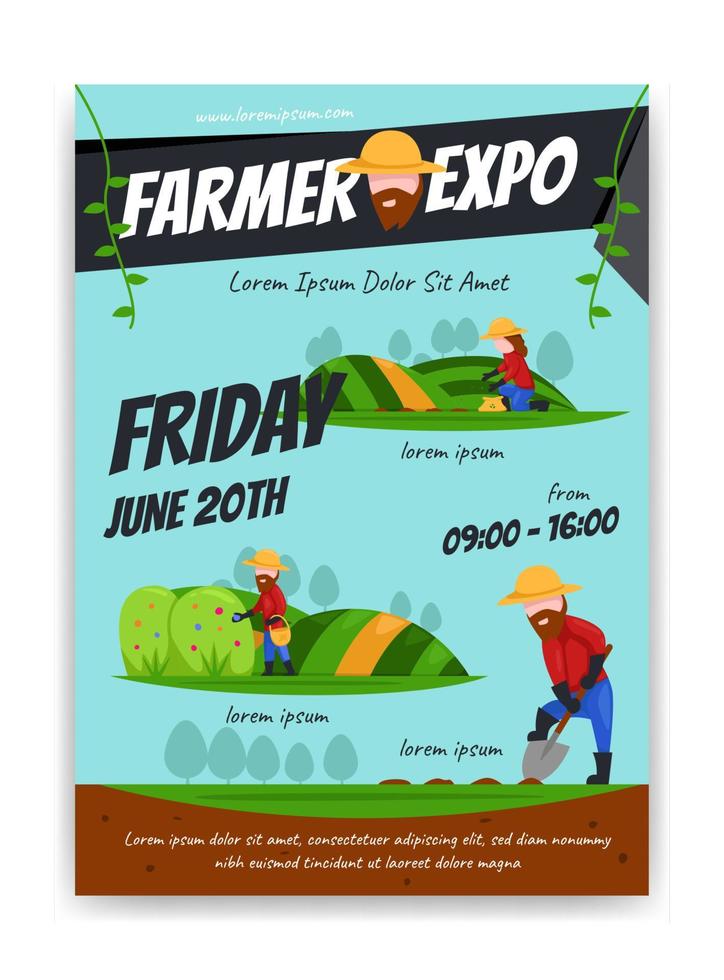 agriculteur expo exposition affiche illustration style cartoon plat vecteur