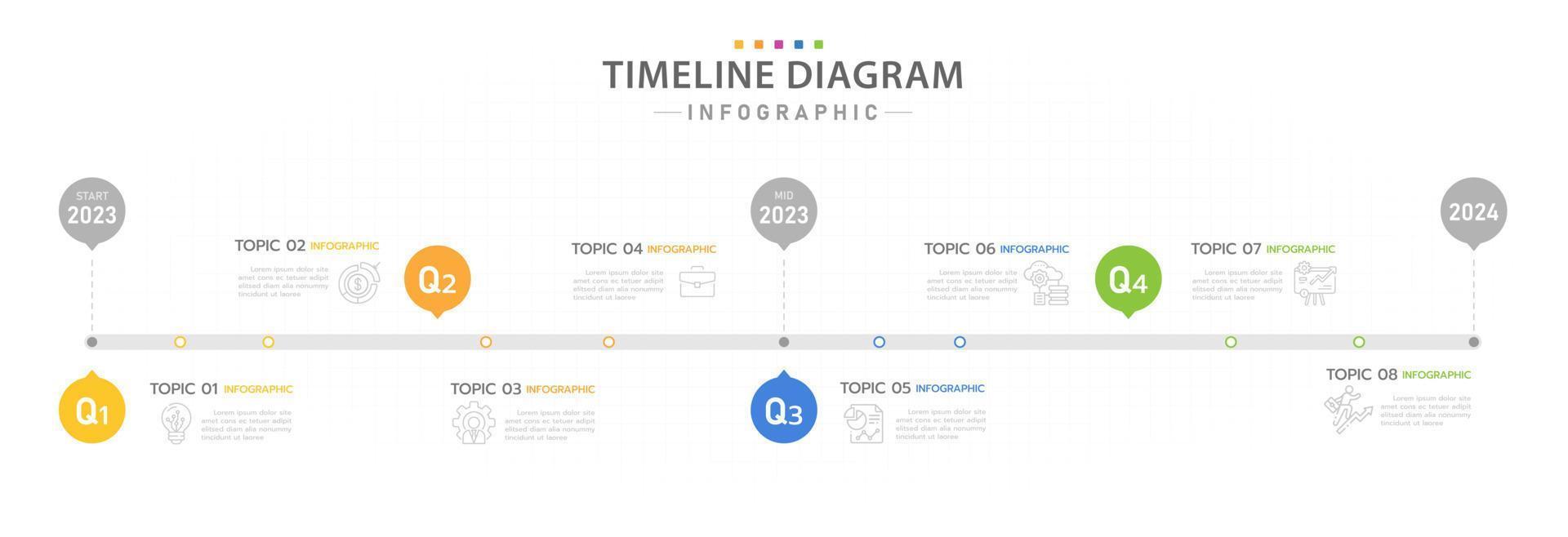 modèle d'infographie pour les entreprises. Calendrier de diagramme de chronologie moderne en 8 étapes avec 4 sujets de trimestre, infographie vectorielle de présentation. vecteur