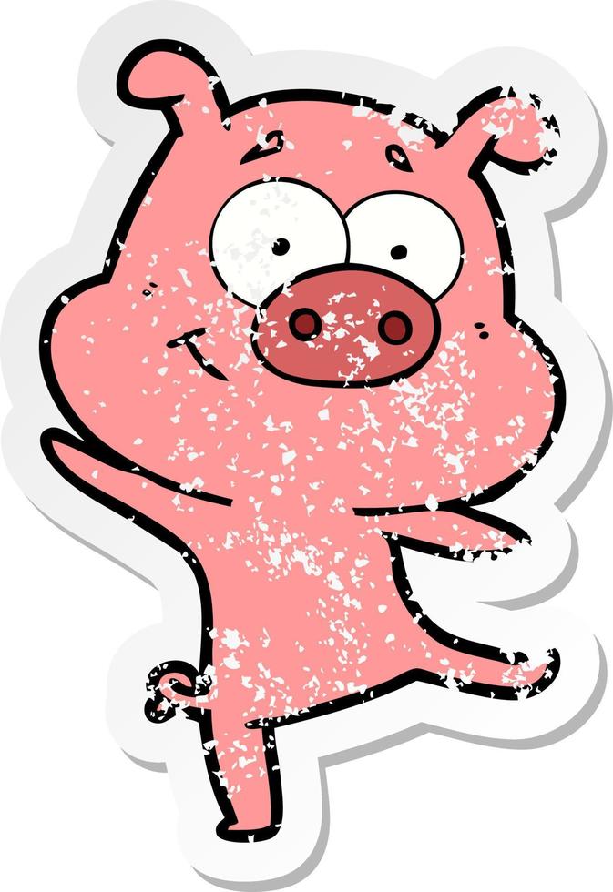 autocollant en détresse d'un cochon de dessin animé heureux dansant vecteur