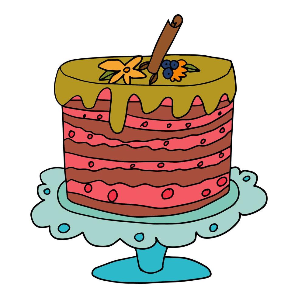 doodle anniversaire ou mariage gros gâteau au chocolat isolé sur fond blanc. vecteur