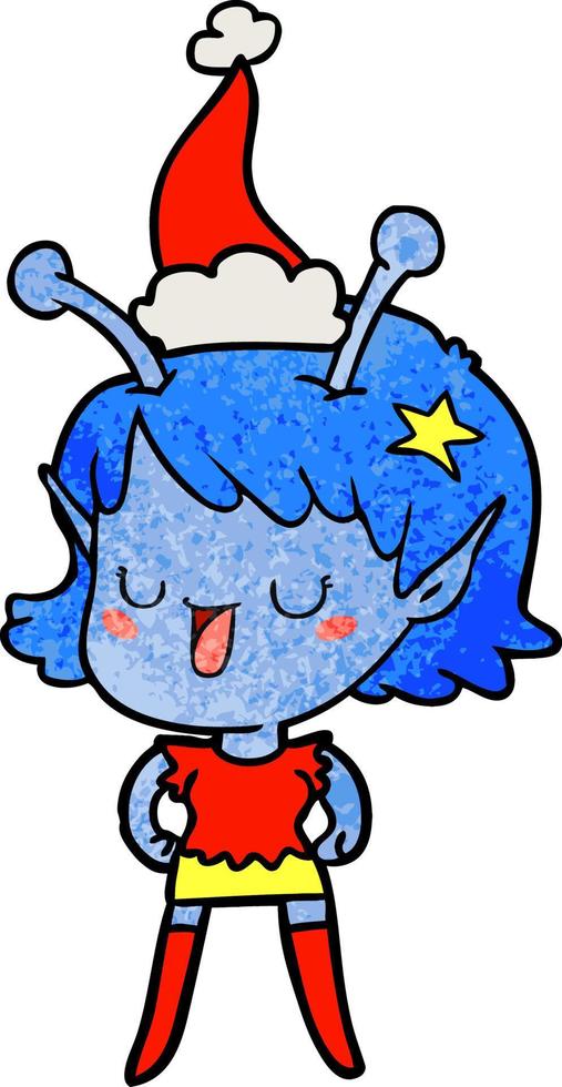 dessin animé texturé fille extraterrestre heureuse d'un bonnet de noel vecteur