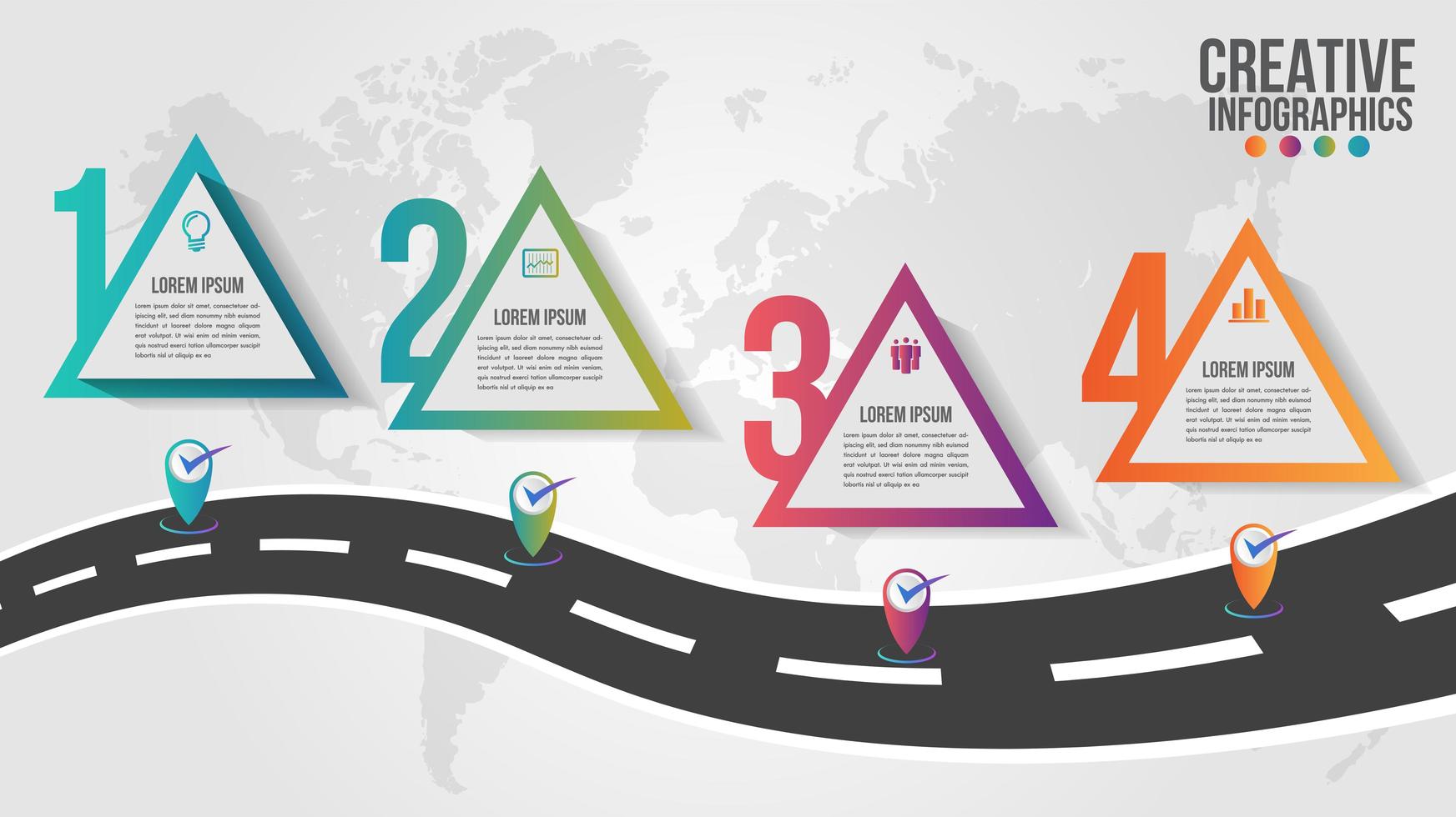 infographie carte du monde avec 4 étapes de triangle coloré vecteur