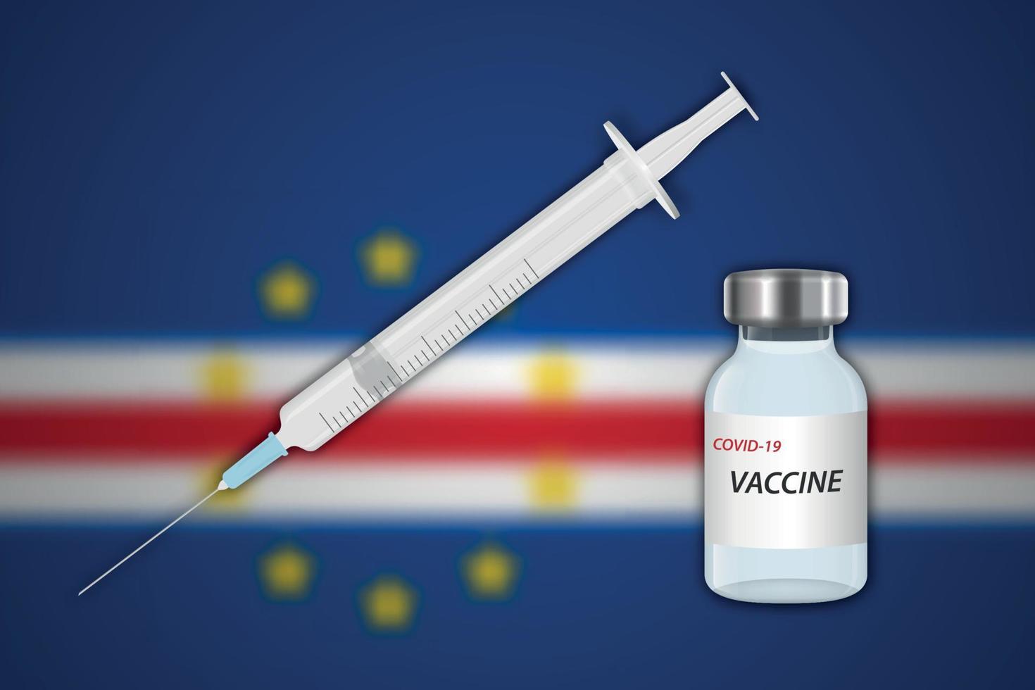 Seringue et flacon de vaccin sur fond flou avec le drapeau du Cap Vert vecteur