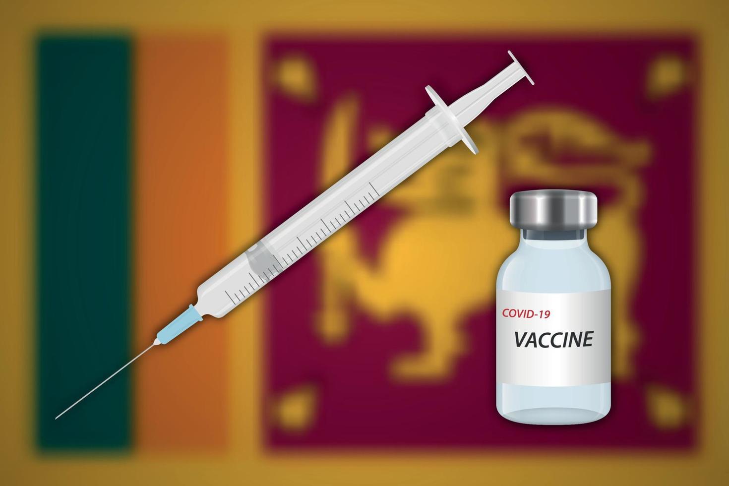 seringue et flacon de vaccin sur fond flou avec le drapeau du sri lanka vecteur