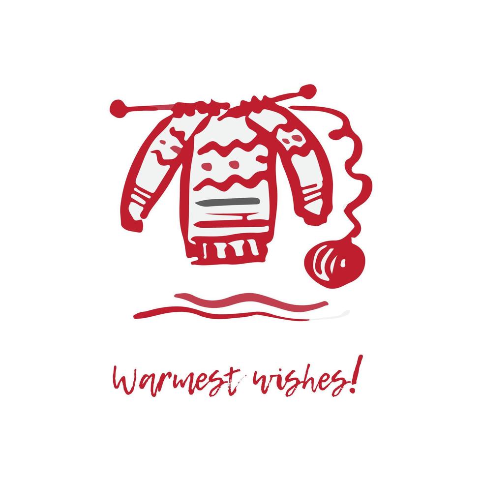 carte de noël et du nouvel an festive dessinée à la main avec pull tricoté de symboles de vacances et inscription de voeux calligraphique vecteur