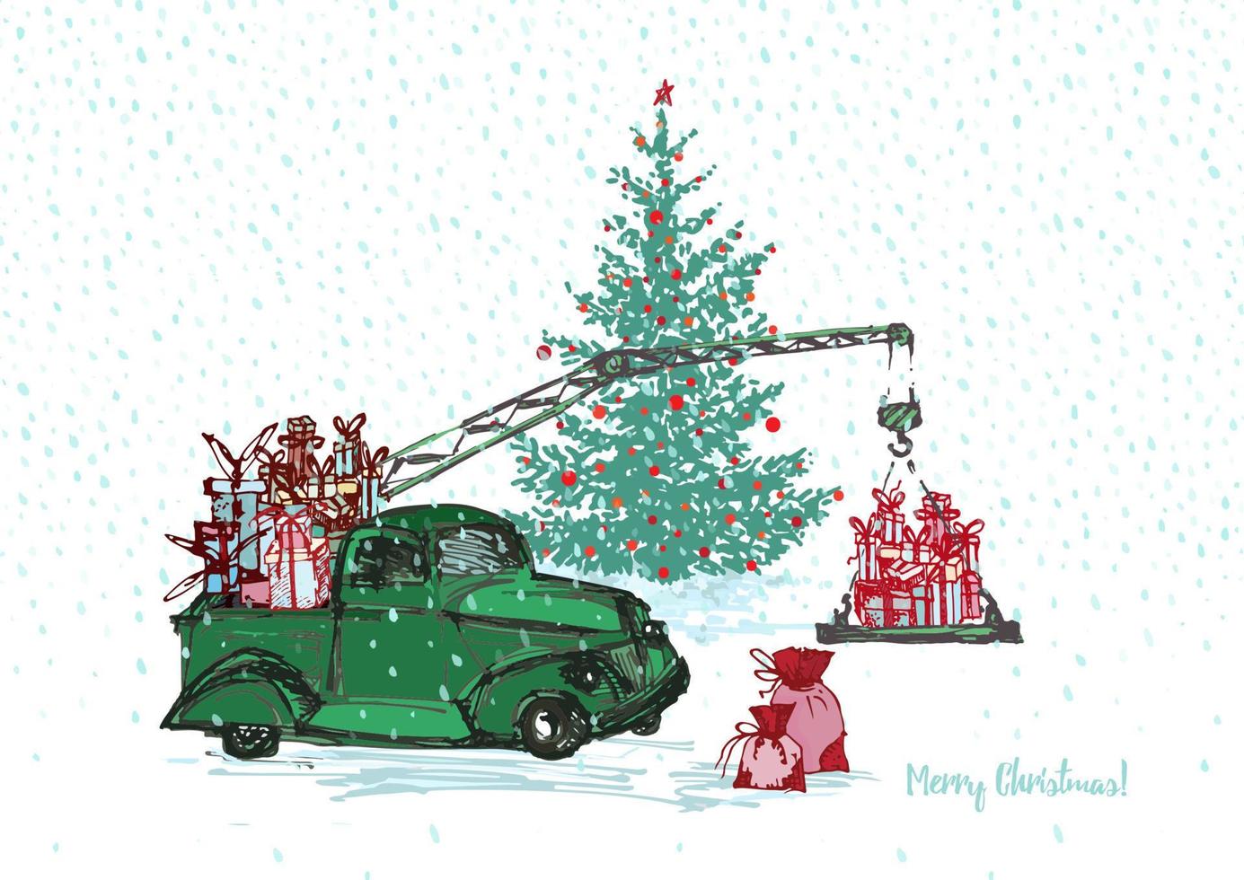 carte festive du nouvel an 2018. camion-grue vert avec sapin décoré de boules rouges et de cadeaux de noël isolés sur fond neigeux blanc vecteur