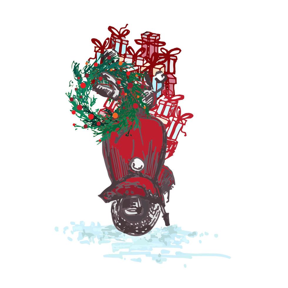 carte de Noël festive. scooter rouge avec couronne de sapin décorée de boules rouges et de cadeaux isolés sur fond blanc vecteur