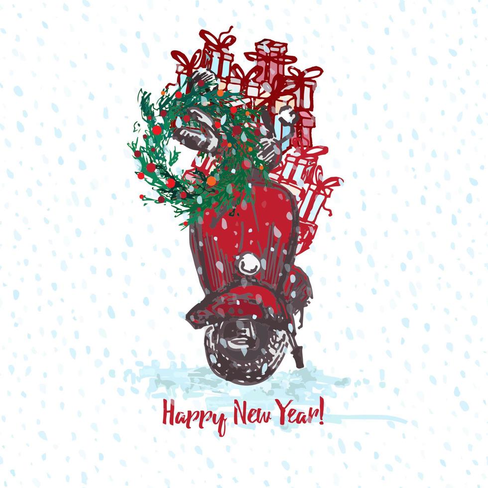 carte de Noël festive. scooter rouge avec couronne de sapin décorée de boules rouges et de cadeaux. fond transparent neigeux blanc et texte bonne année vecteur