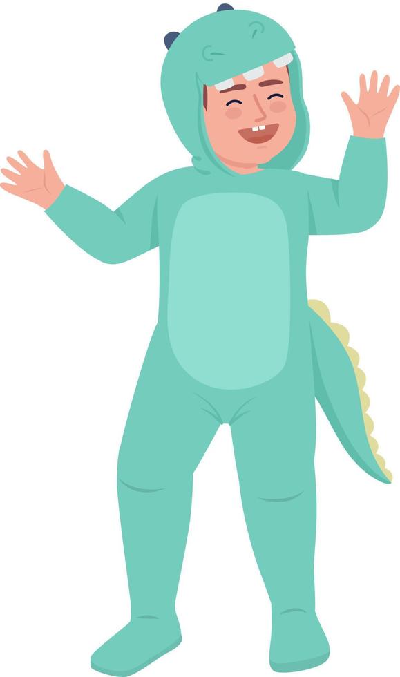 garçon mignon en personnage de vecteur de couleur semi-plat costume de dinosaure. figure modifiable. personne de tout le corps sur blanc. illustration de style dessin animé simple de fête d'halloween pour la conception graphique et l'animation web