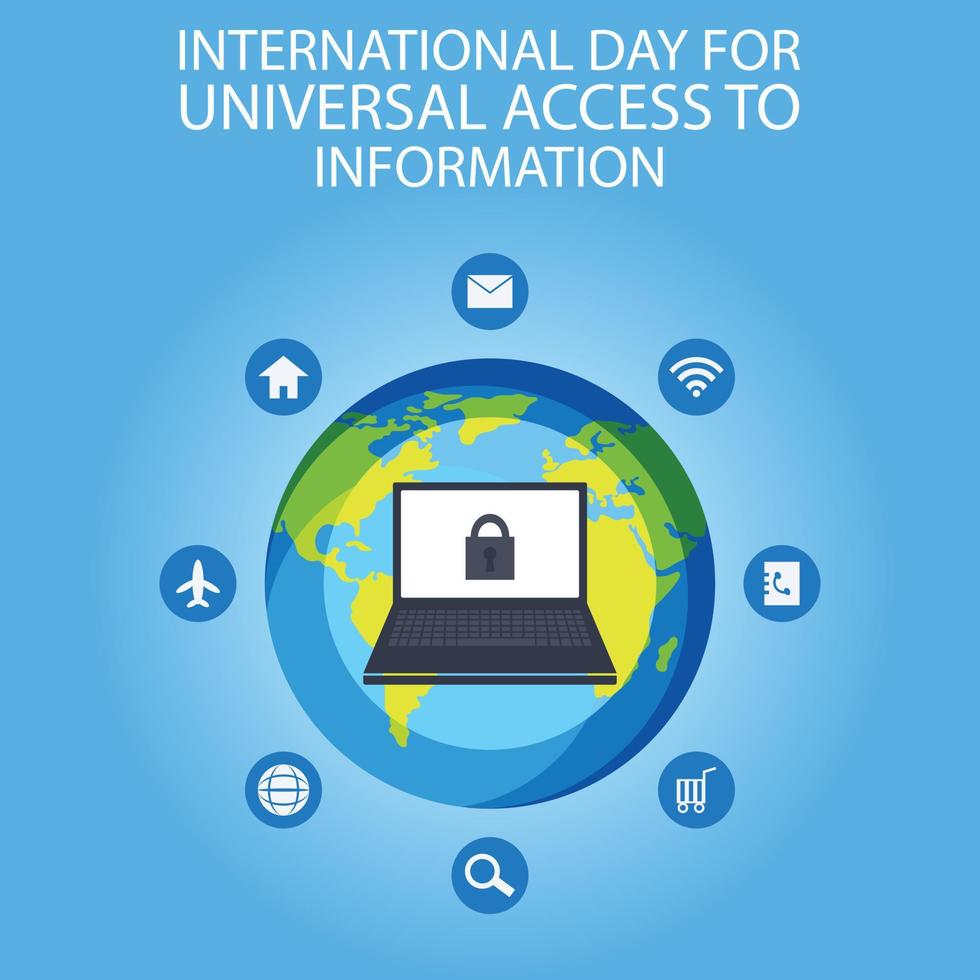 illustration graphique vectoriel d'un ordinateur portable avec écran verrouillé, montrant l'arrière-plan de la planète terre entouré d'icônes numériques, parfait pour la journée internationale, l'accès universel à l'information, célébrer, etc.