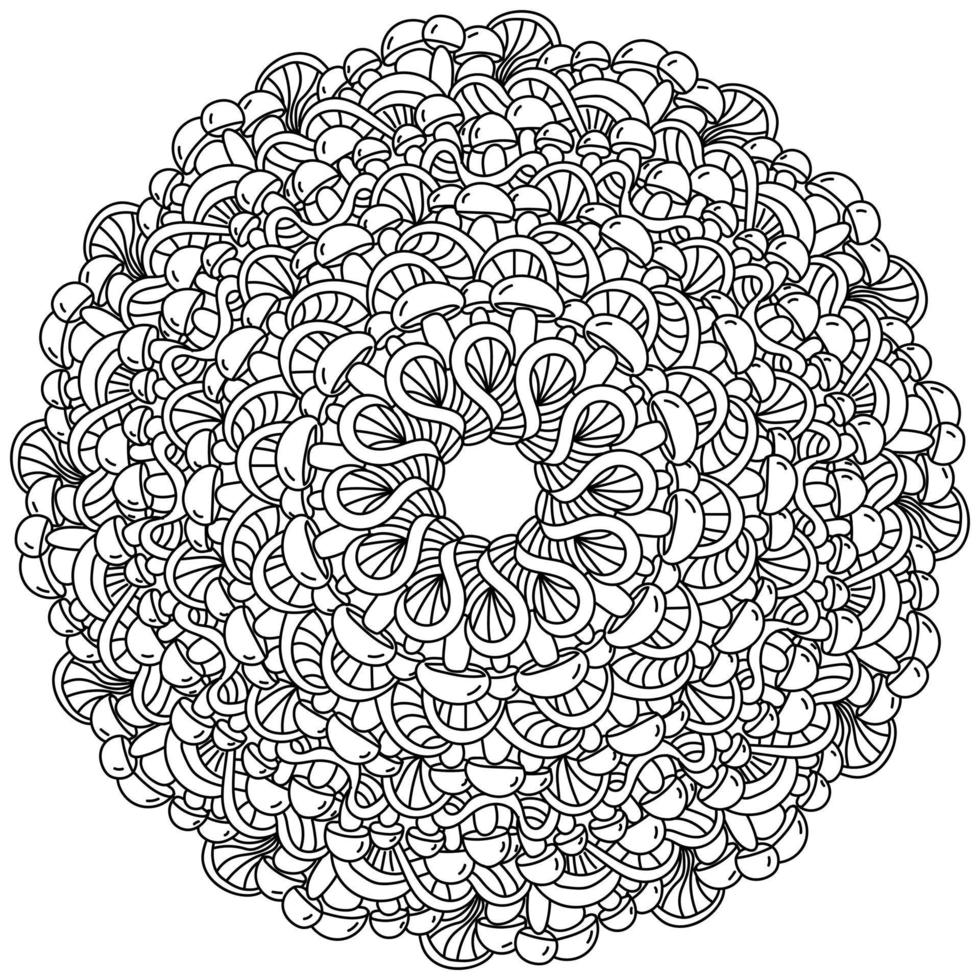 mandala de contour orné de champignons et de motifs rayés fantaisie, page de coloriage méditative pour la créativité vecteur