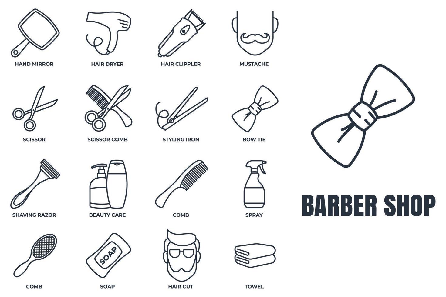 jeu d'icônes web de bannière de salon de coiffure. rasoir, savon, serviette, miroir à main, moustache, ciseaux, sèche-cheveux et plus de concept d'illustration vectorielle. vecteur
