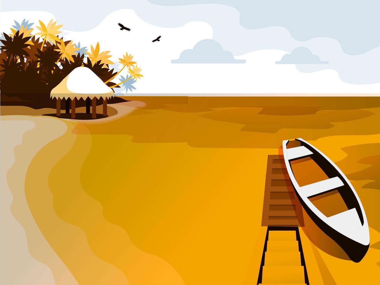 Bateau plage vue paysage mer vacances vacances tropicales vector illustration