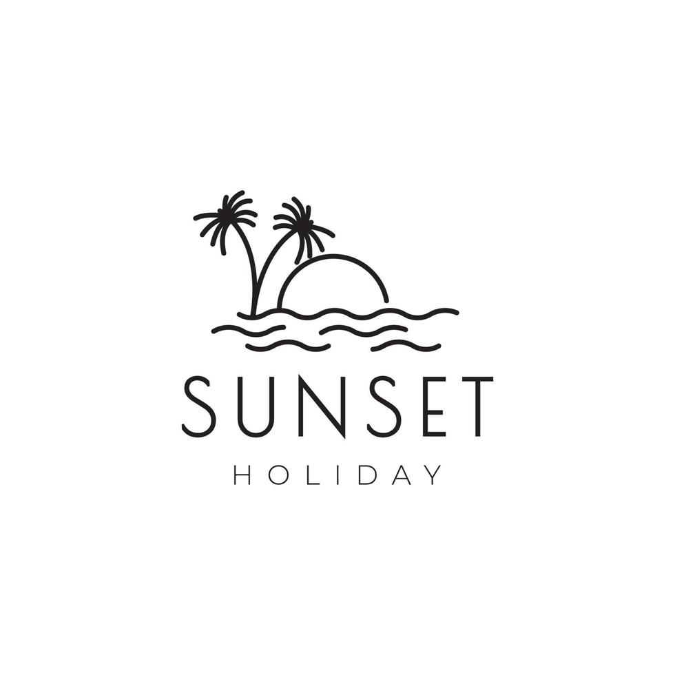 création minimale de logo d'eau de plage et de cocotier au coucher du soleil vecteur