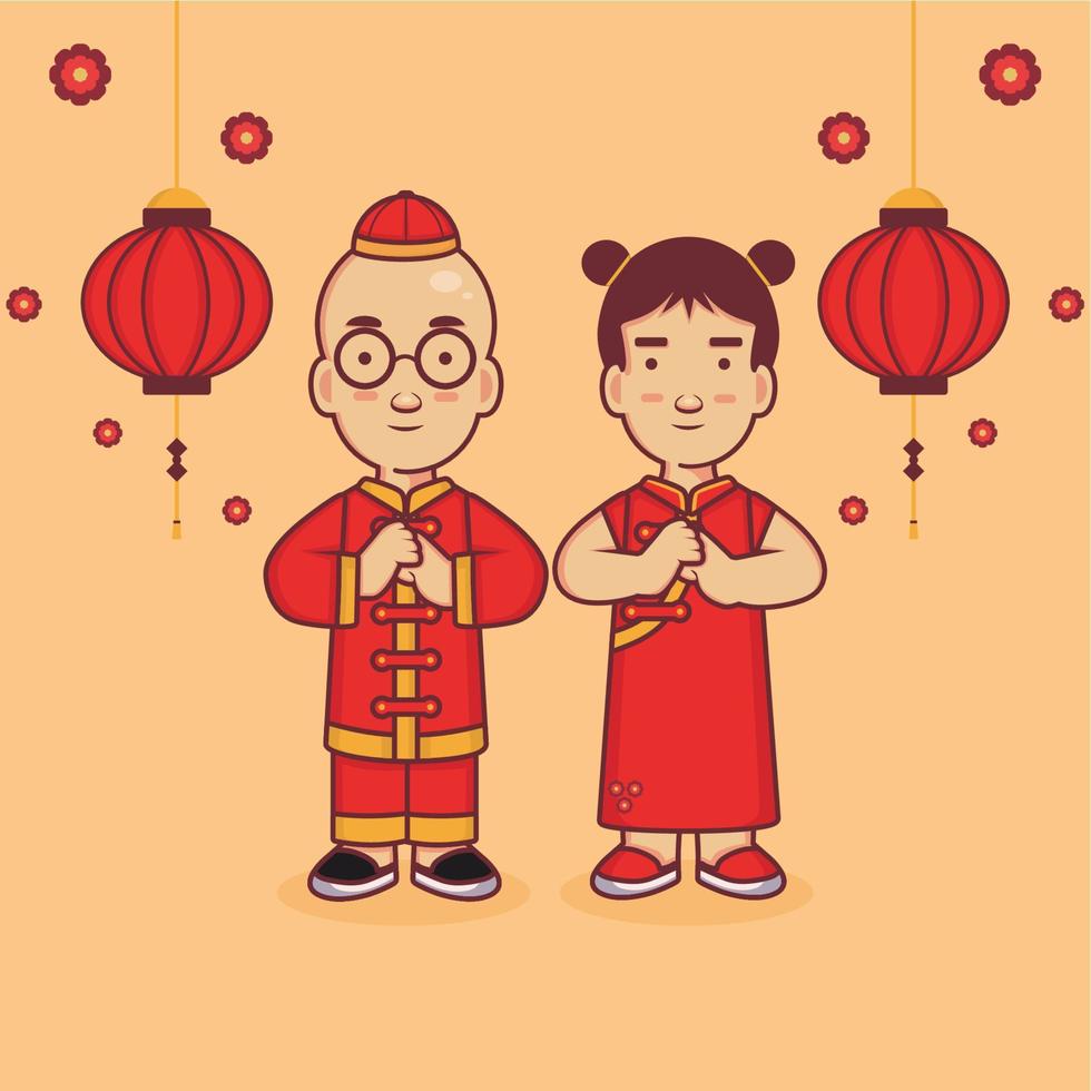 illustration du nouvel an chinois des personnages garçon et fille vecteur