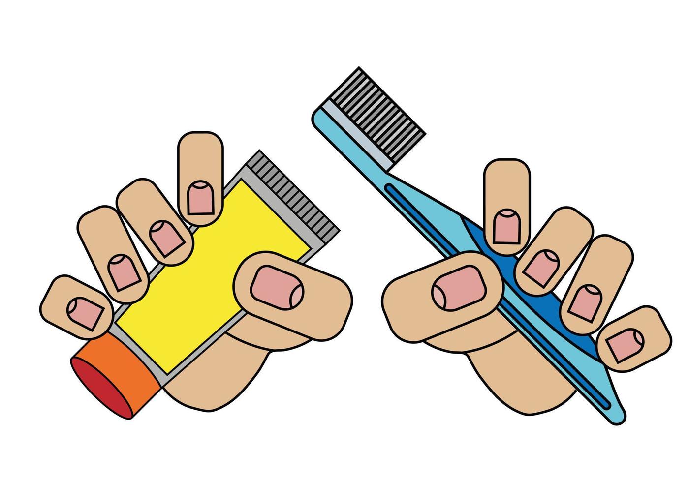 un tube de dentifrice et une brosse à dents à la main. isolé sur fond blanc en style cartoon en graphique vectoriel