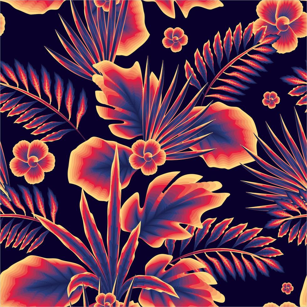 motif harmonieux abstrait coloré avec des feuilles de fougère de monstère tropicale vintage et de jolis feuillages de plantes à fleurs sur fond bleu foncé. conception de vecteur. imprimé jungle. fond fleuri. été exotique vecteur