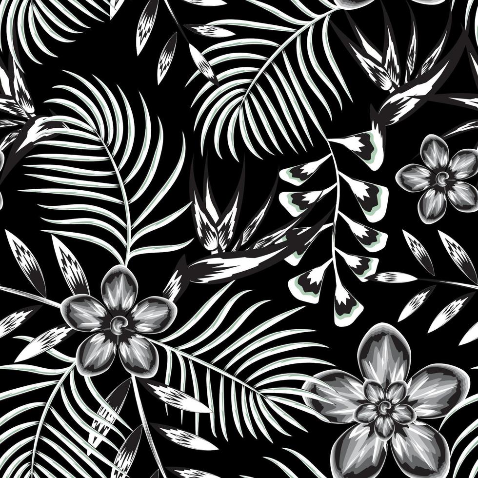 motif tropical abstrait vintage sans couture avec feuilles de palmier blanc noir et feuillage de plantes de fleurs de strelitzia sur fond de nuit. fond fleuri. papier peint exotique. imprimé hawaii d'été à la mode vecteur