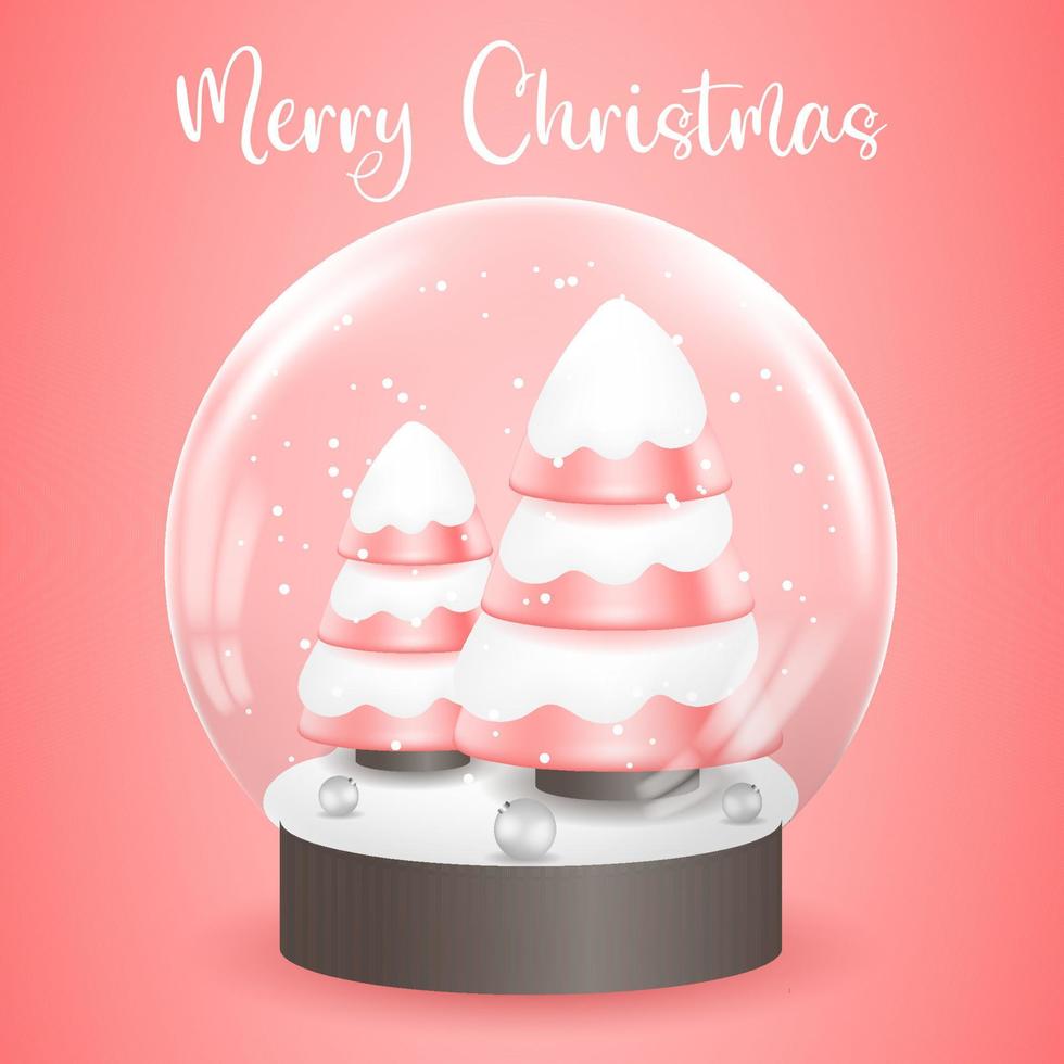 joyeux noël, arbres de noël roses 3d dans une illustration vectorielle de boule de verre vecteur