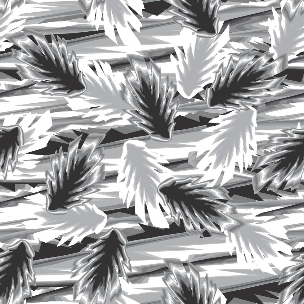 motif tropical abstrait harmonieux avec feuilles de plantes monochromatiques grises sur fond abstrait vague. motif exotique sans soudure avec des plantes tropicales. papier peint exotique. imprimé hawaii d'été à la mode vecteur