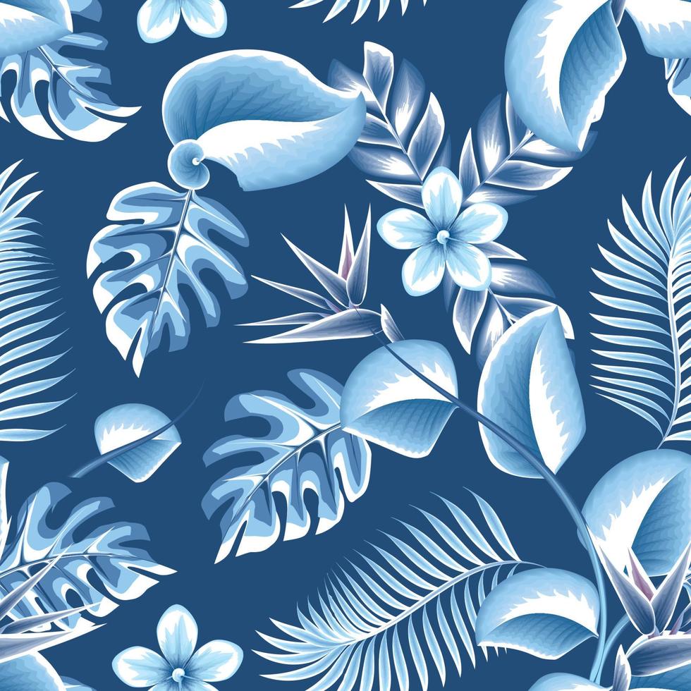 fond harmonieux de tendance estivale avec des feuilles de fougère de monstère tropicale lumineuse et des fleurs de strelitzia, feuillage de plante de frangipanier sur fond bleu. conception de vecteur. imprimé jungle. fond fleuri. été vecteur