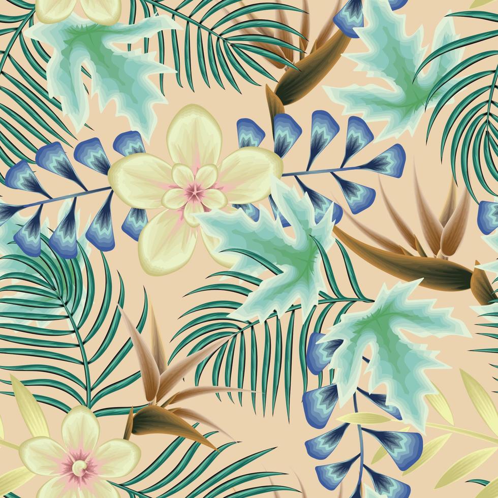 motif tropical harmonieux d'été à la mode avec des feuilles de plantes colorées et un feuillage de fleurs abstraites sur fond délicat. conception abstraite moderne pour tissu, papier, décoration intérieure. fond d'écran nature vecteur