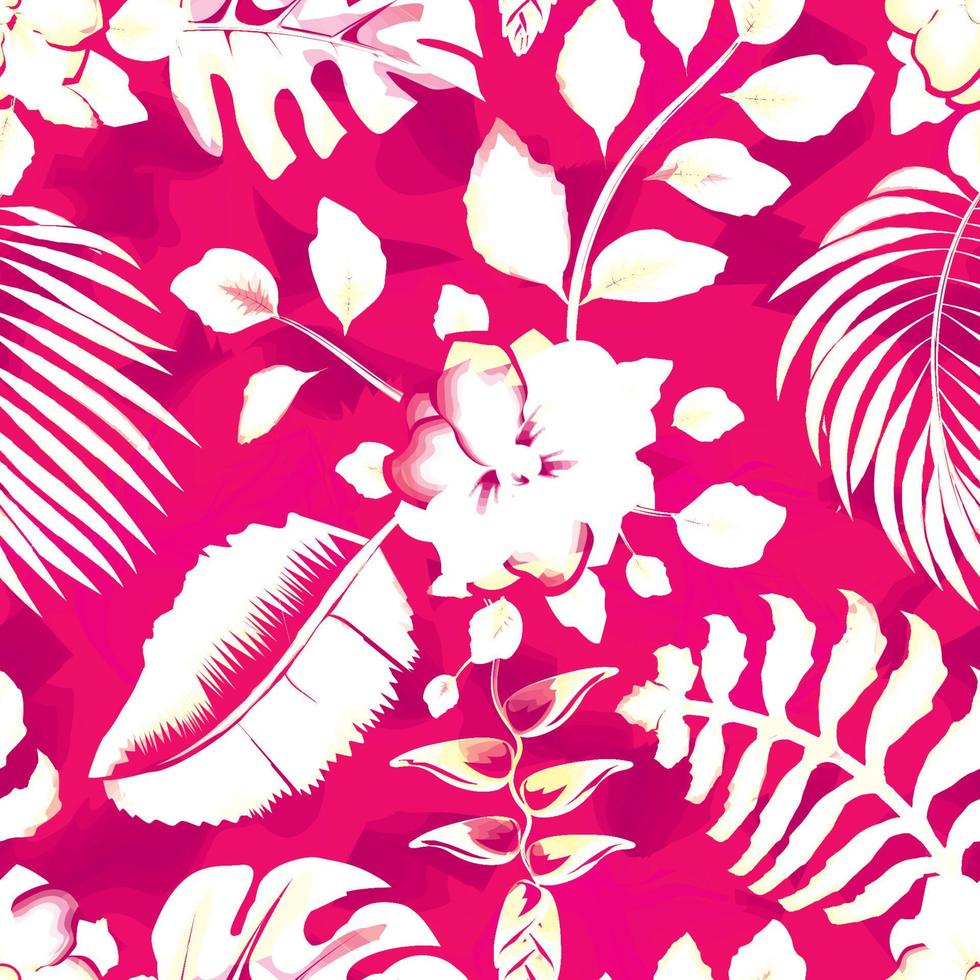 modèle sans couture d'illustration vintage heliconia flowes avec des feuilles de palmier de banane tropicales et des plantes à feuilles de montera sur fond rose abstrait. fond fleuri. tropiques exotiques. conception d'été. la nature vecteur