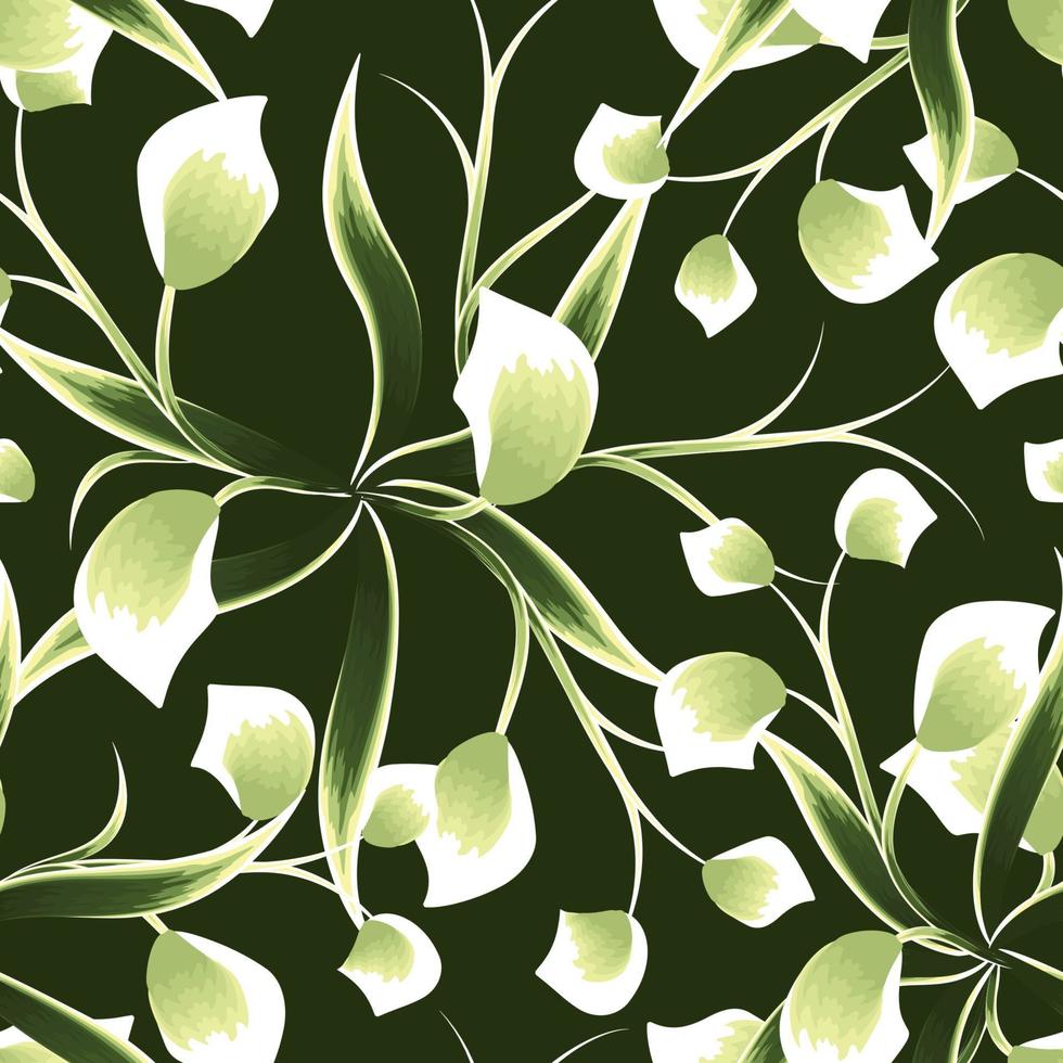 motif floral tropical monochromatique vert sans couture avec feuilles de plantes et feuillage sur fond sombre. texture à la mode. fond d'écran de la jungle. fond fleuri. tropique exotique. conception d'été. la nature vecteur