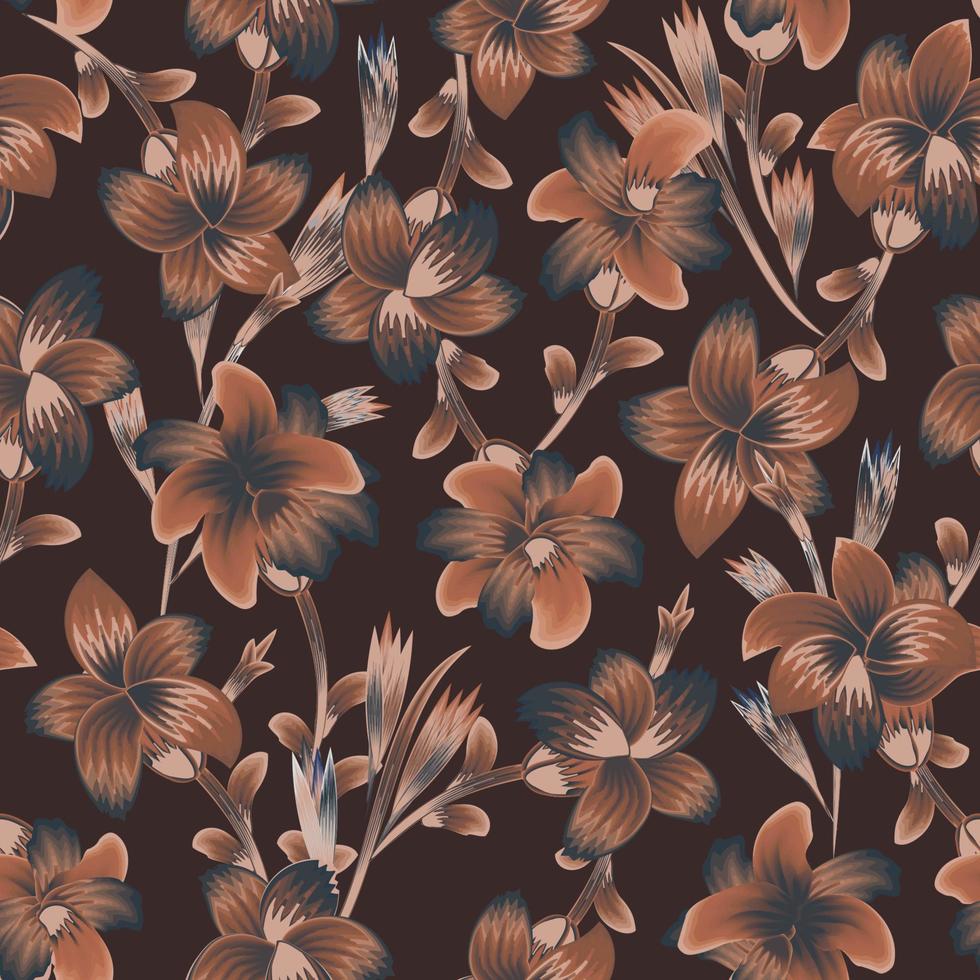 motif tropical harmonieux floral brun vintage avec des plantes et des feuilles de couleur chocolat sur fond sombre. fond de motif vectoriel sans couture de feuille de jungle. texture à la mode. conception d'été. décor