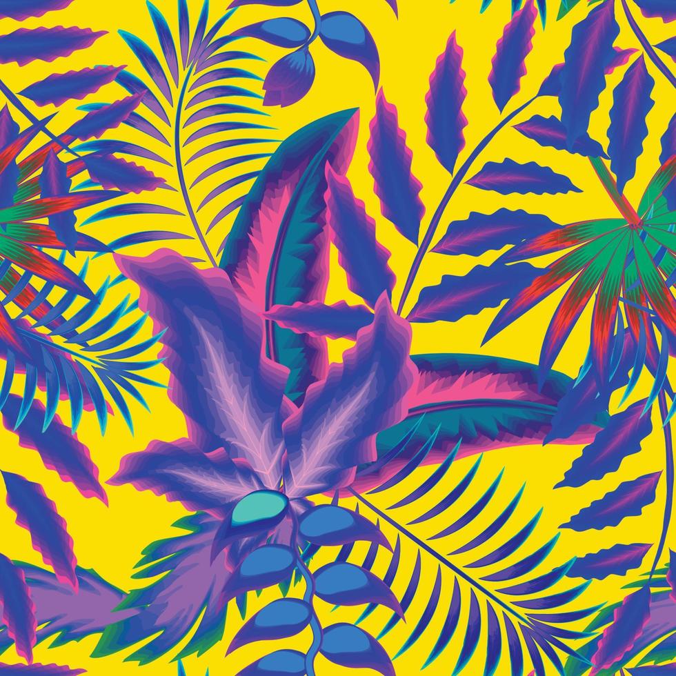 motif tropical original sans couture avec des plantes exotiques colorées et des feuilles sur fond jaune. floral élégant coloré. motif exotique sans soudure avec des plantes tropicales. fond fleuri. tropiques exotiques vecteur