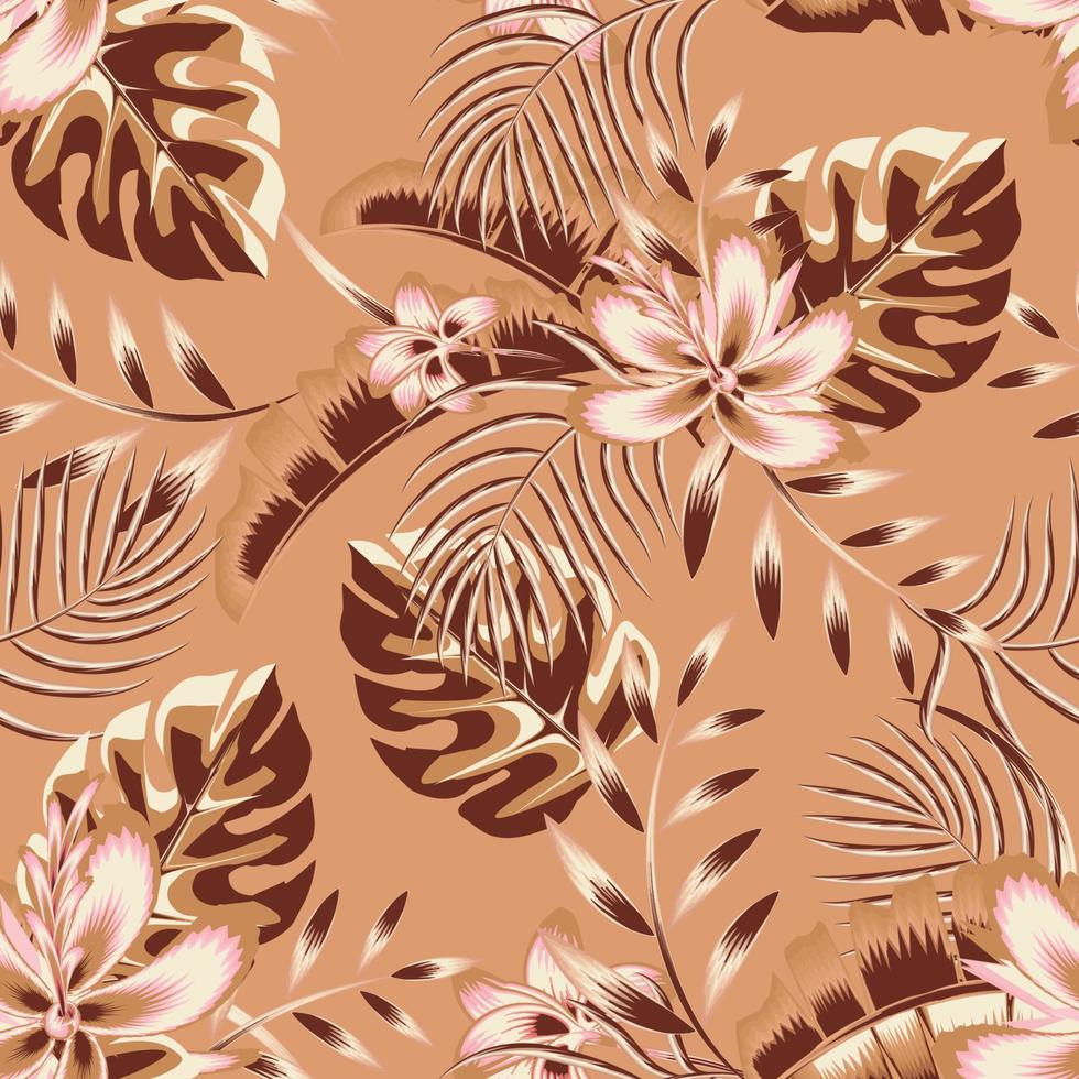couleur vintage monochromatique élégant palmier banane tropical feuilles modèle sans couture à la mode avec des fleurs d'hibiscus abstraites et un feuillage de plante monstère sur fond pastel. fond fleuri. été vecteur