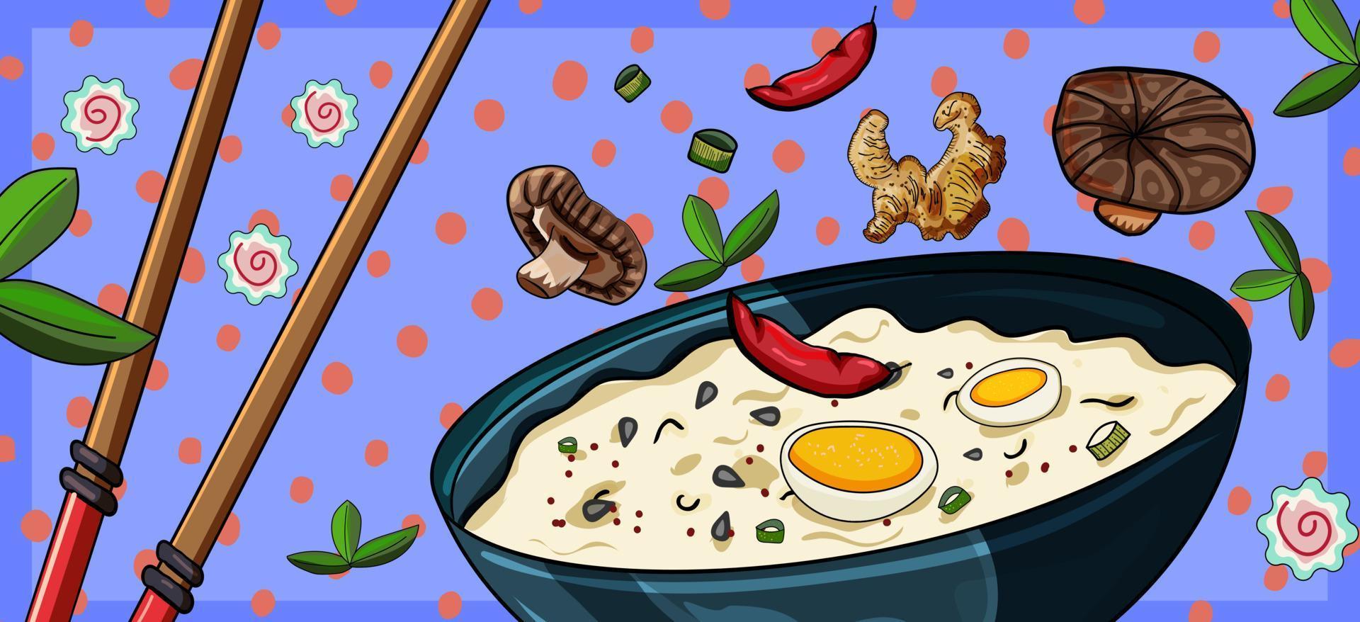 bannière cuisine asiatique pour un site web ou un panneau d'affichage. image de produits de cuisine. menu asiatique de style dessin animé. - vecteur. vecteur