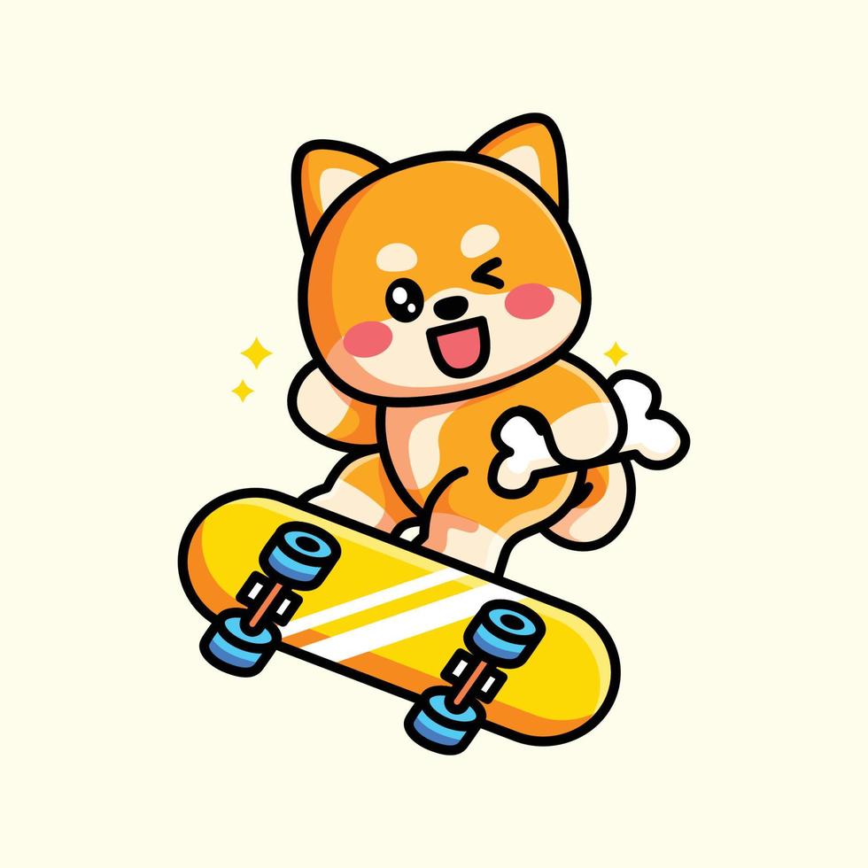 mignon shiba et planche à roulettes vecteur