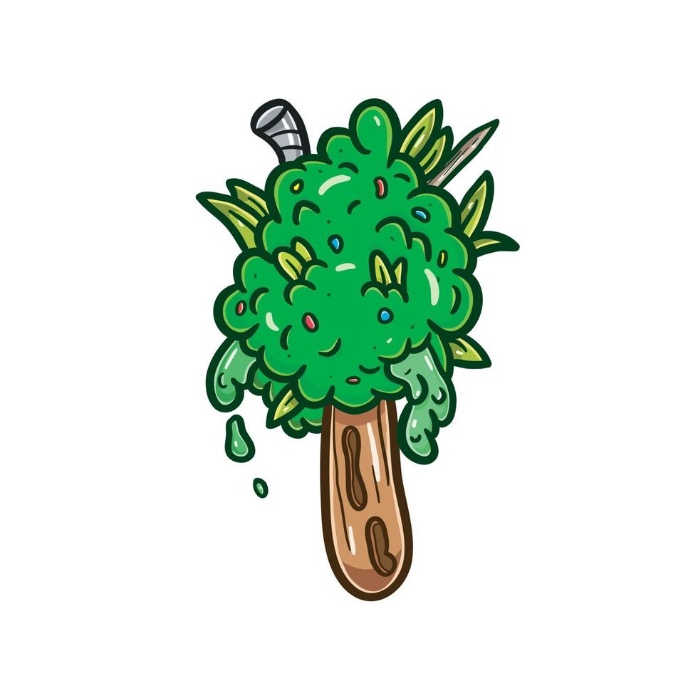 mascotte de dessin animé de crème glacée aux bourgeons de mauvaises herbes avec un bâton. vecteur