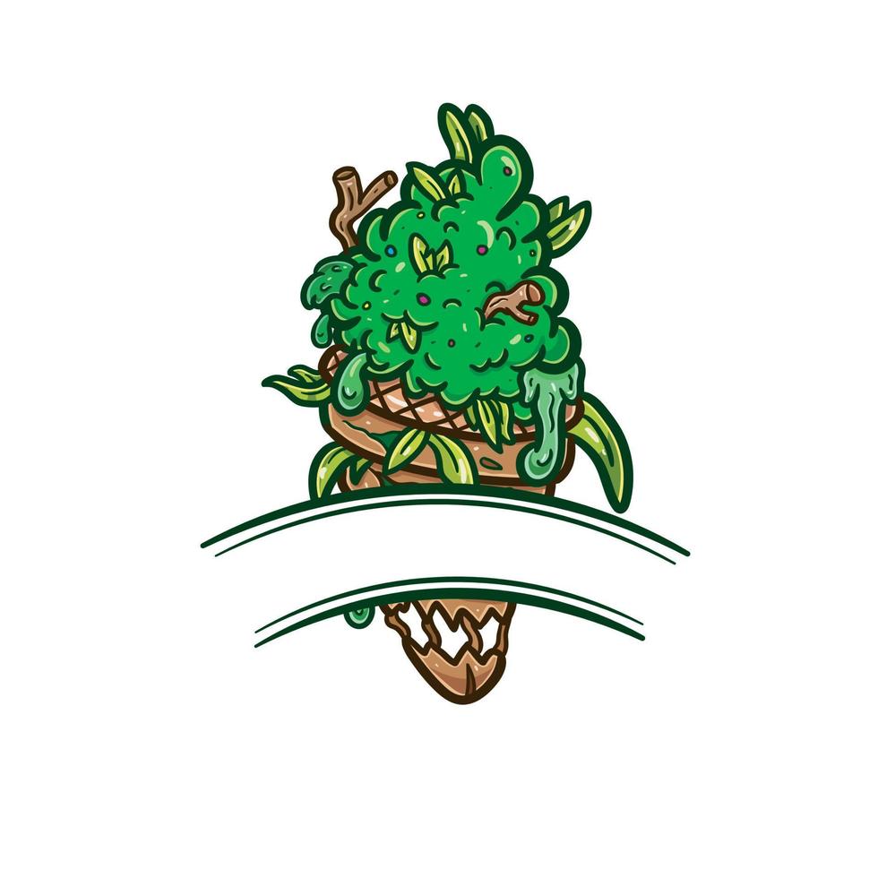 mascotte de dessin animé de crème glacée aux bourgeons de mauvaises herbes avec logo de ligne de signe vierge. vecteur