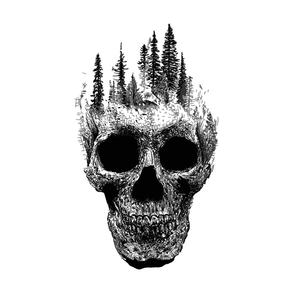 crâne de forêt illustration dessinée à la main. oeuvre de tatouage vecteur