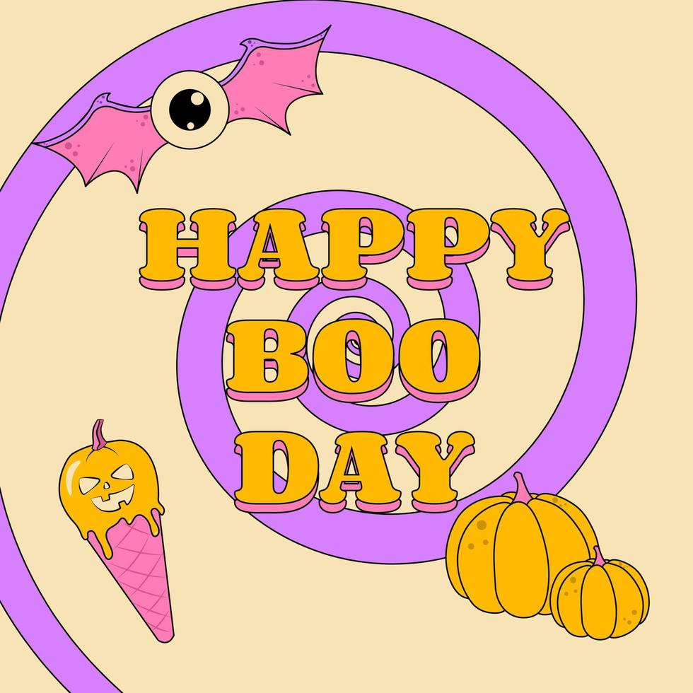 affiche de style groovy happy boo day pour les vacances dhalloween citrouille en spirale fascinante et oeil volant vecteur