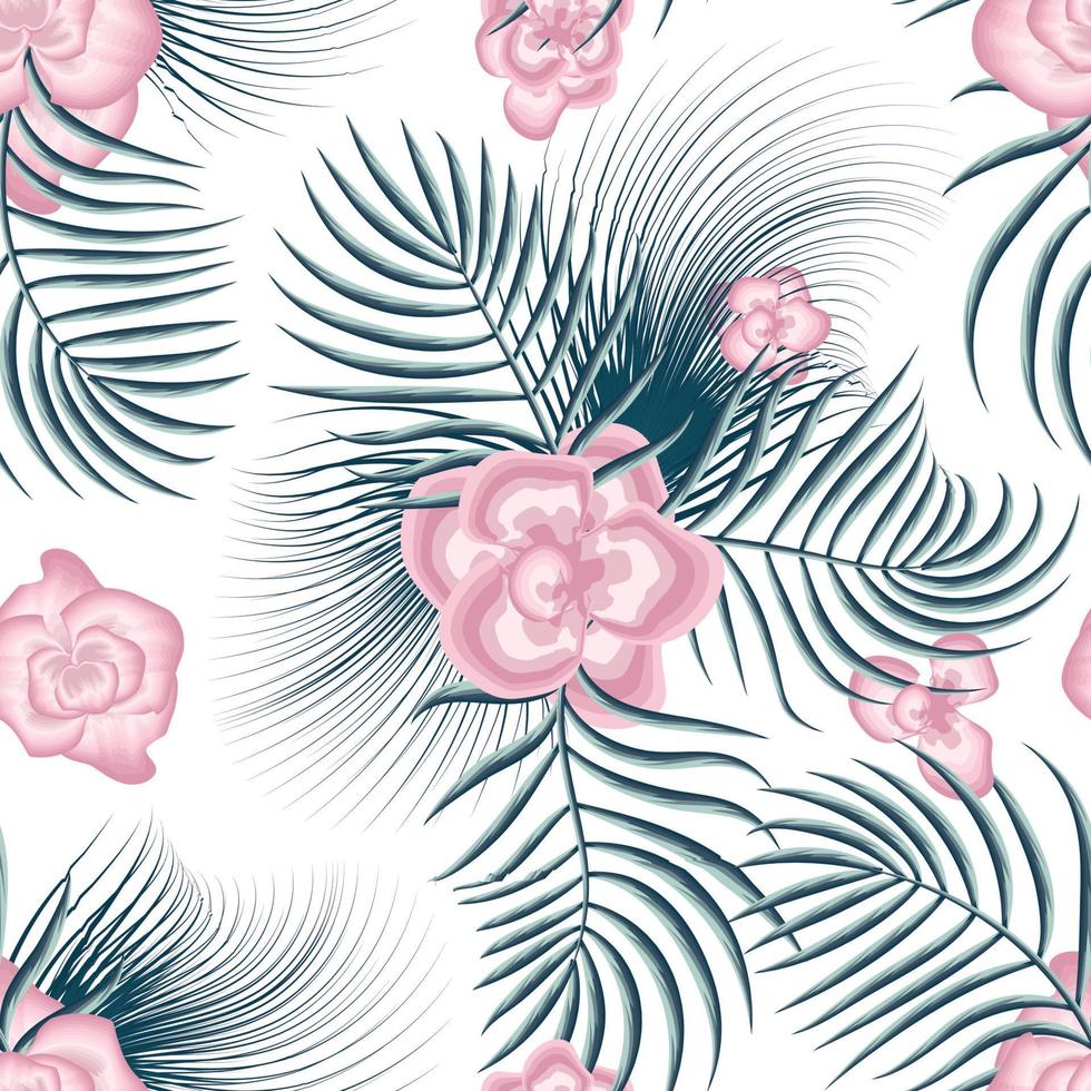 motif floral tropical harmonieux avec fleur rose vif et feuilles de plantes bleues sur fond blanc. fond de motif floral vectorielle continue de feuille de jungle. conception pour tissu, papier peint ou papiers d'emballage vecteur