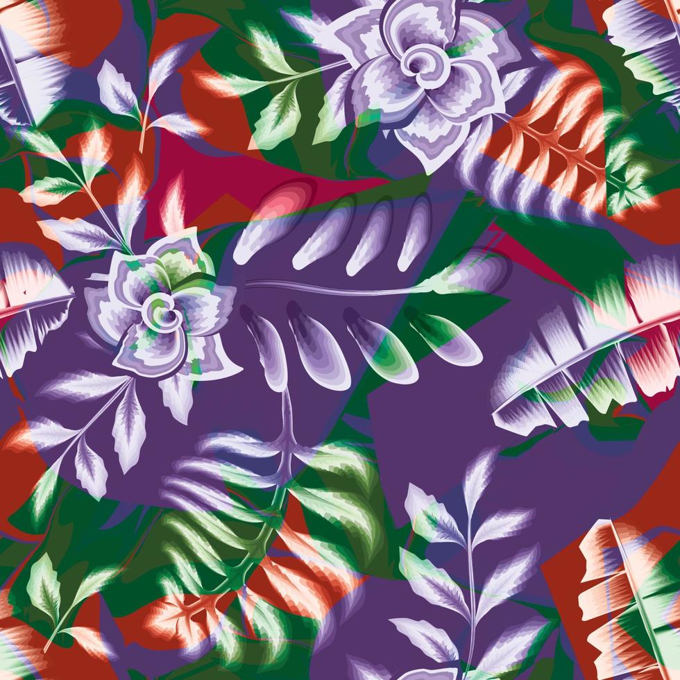 motif tropical sans couture de couleur pourpre sur fond grunge. plantes abstraites laisse un motif sans couture. feuilles de bananier et motif de feuillage des plantes. fond fleuri. tropiques exotiques. conception d'été vecteur