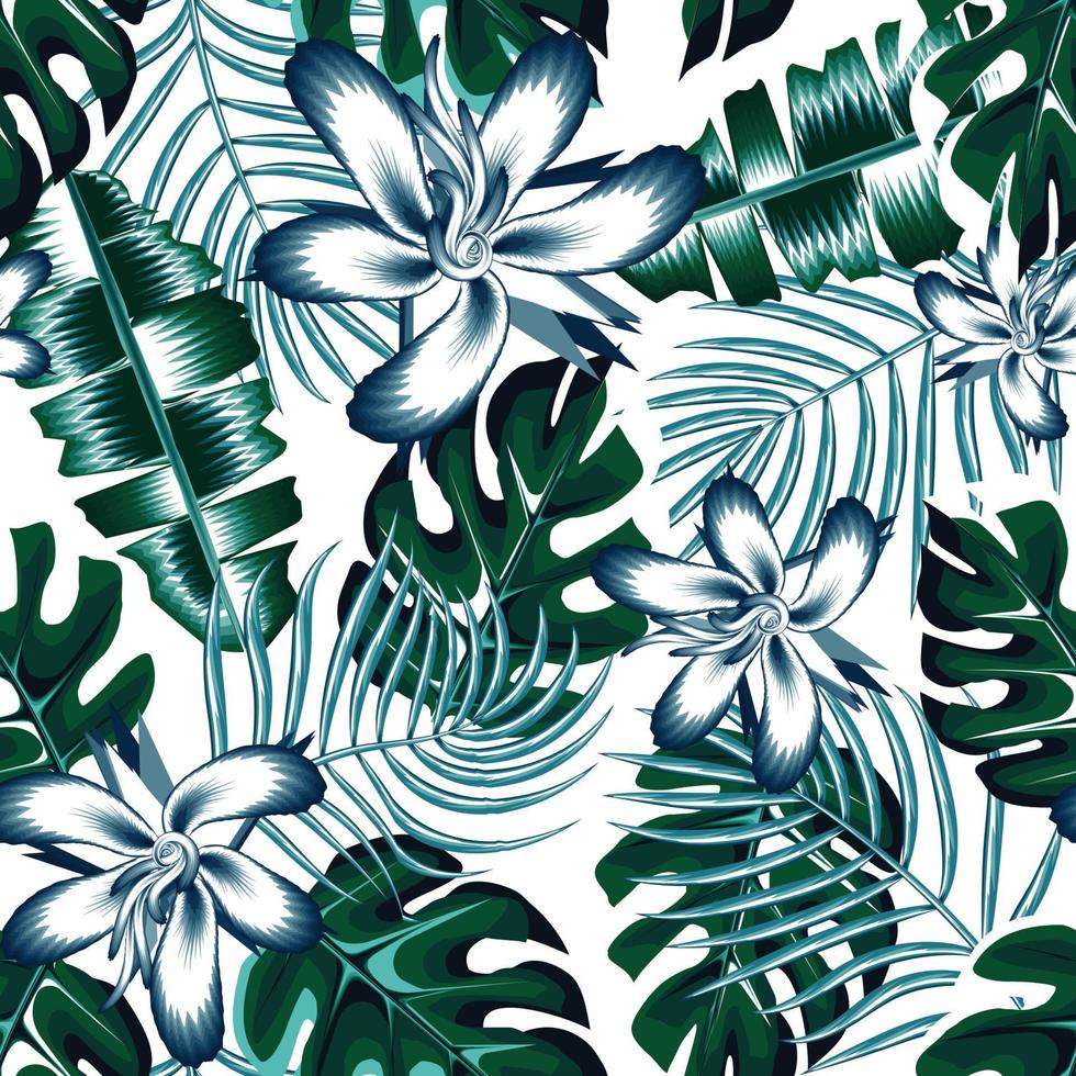 motif de feuilles de palmier monstera avec des fleurs d'hibiscus abstraites et un feuillage de banane tropicale sur fond clair. fond monochrome. conception d'été. jungle. fond fleuri. l'automne. tomber vecteur