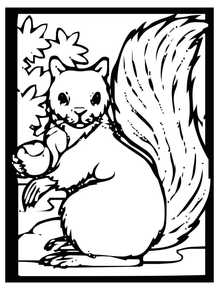 croquis d'écureuil sur fond noir et blanc à l'intérieur du cadre pour la bande dessinée ou la coloration. vecteur