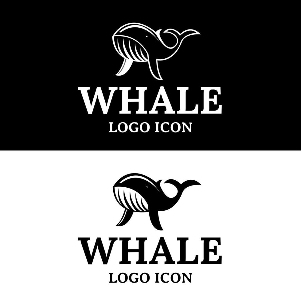 idée de conception de logo de silhouette de poisson baleine dans un style de dessin animé rétro vintage noir et blanc vecteur