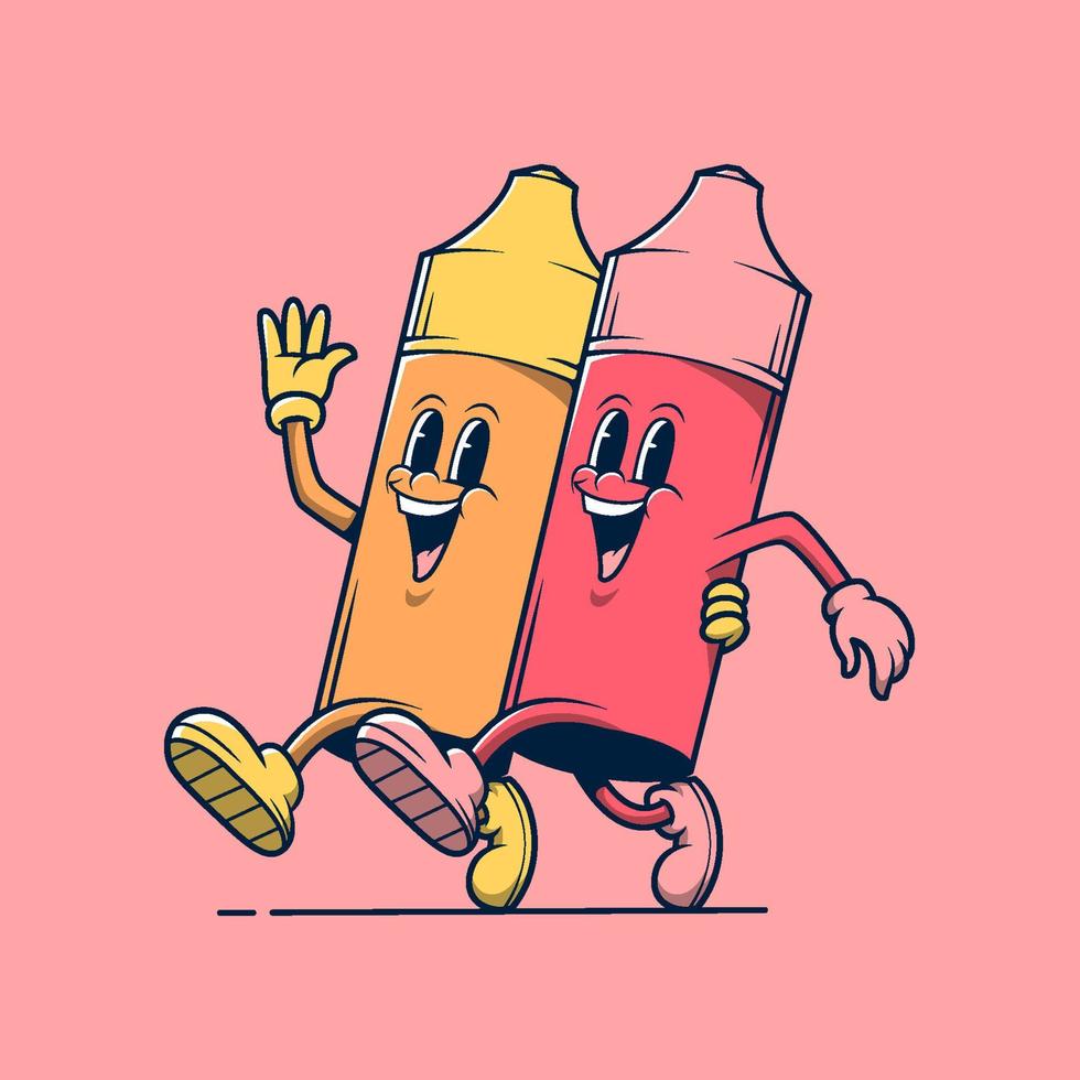 deux mascottes de magasins de vape marchant ensemble. illustration de logo de dessin animé vintage rétro. vecteur