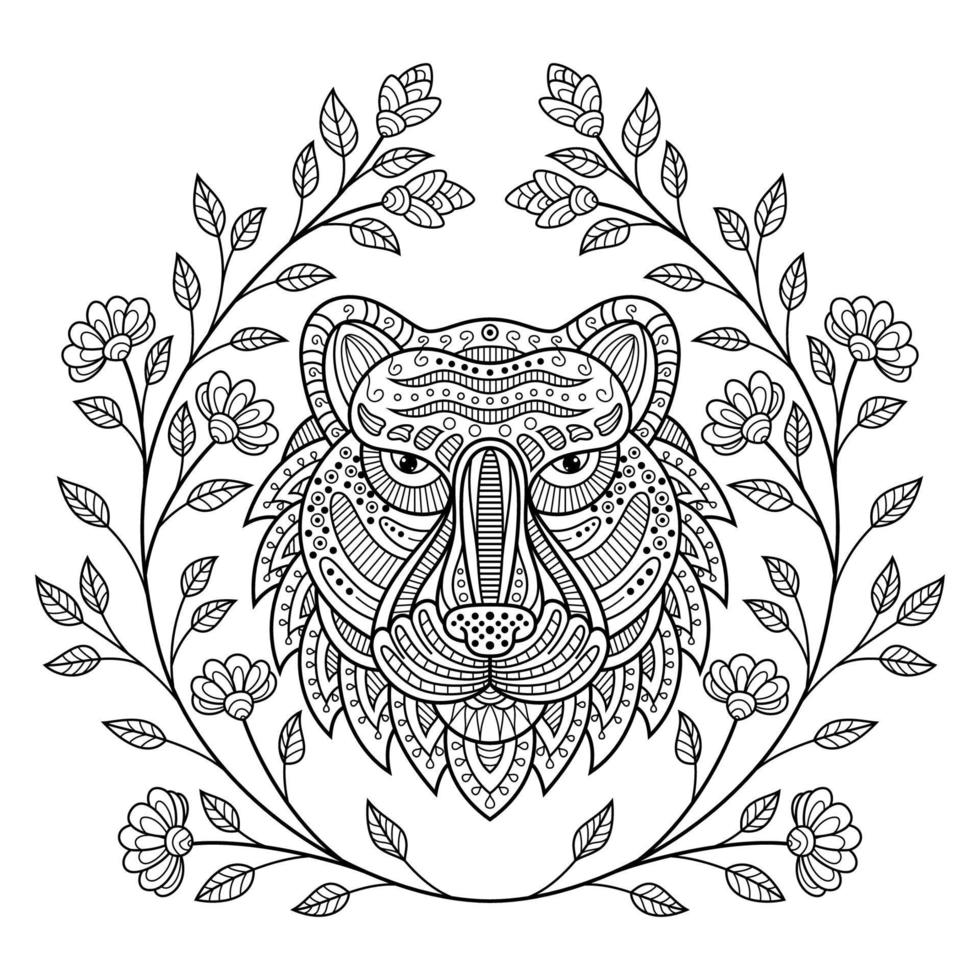 tête de tigre avec cadre fleuri vecteur