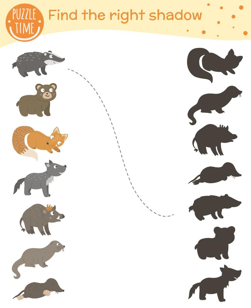 activité d'association d'ombres pour les enfants avec des animaux des bois. mignon loup souriant drôle, ours, renard, blaireau, taupe, loutre, sanglier. trouver le bon jeu de silhouette. vecteur