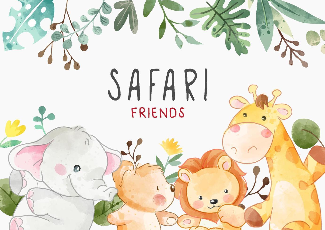 amis animaux safari mignons avec illustration de feuilles sauvages vecteur